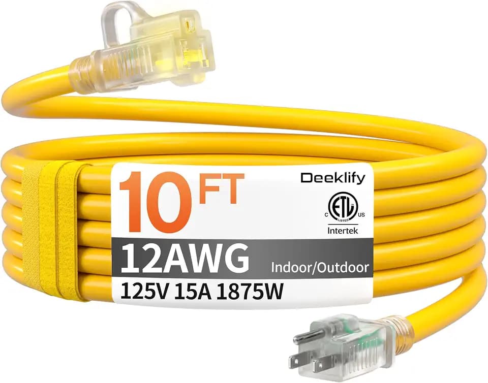 12 Gauge 10 FT Heavy Duty Outdoor Extension Cord Waterproof Yellow