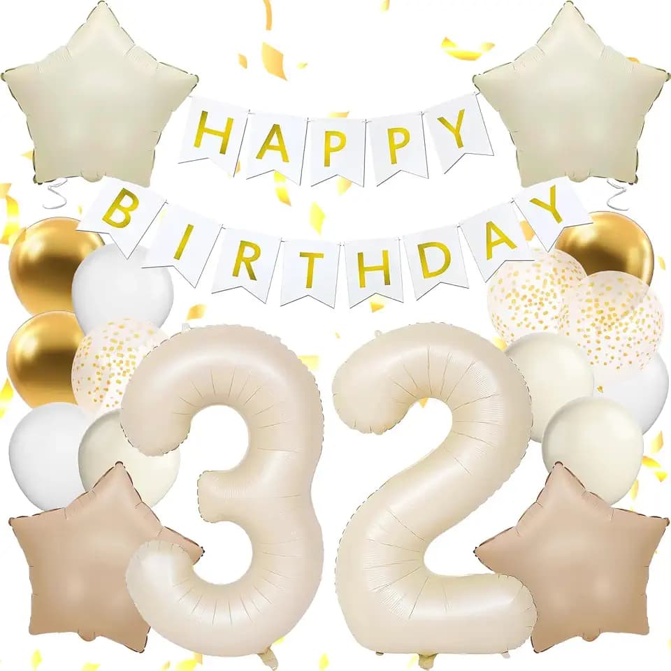 Happy 32th Birthday Decorations For Women, White Happy Birthday Banner, Beige 32 Balloon Numbers 40 Inch, 32 Birthday Balloons For White And Gold Birthday Decorations