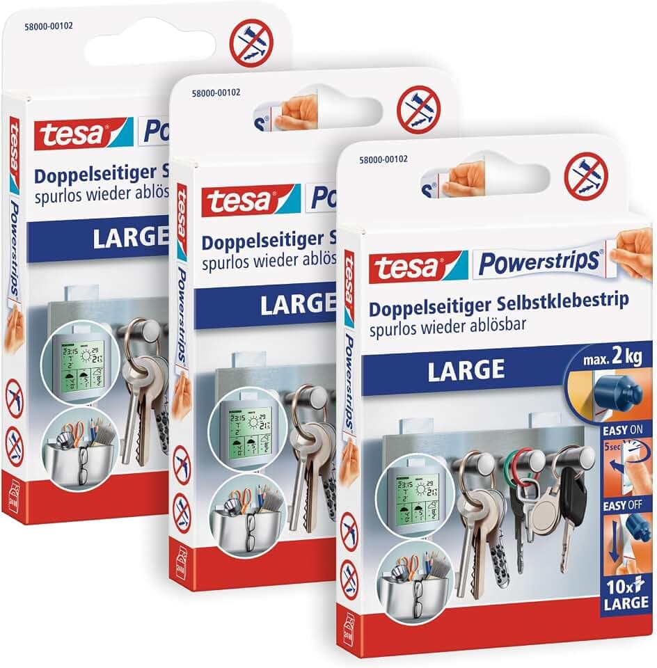 tesa Powerstrips Large im 3er Pack - Doppelseitige Klebestreifen zur Montage von Gegenständen auf glatten Oberflächen - Bis zu 2 kg Halteleistung - insgesamt 30 Power-strips Weiß