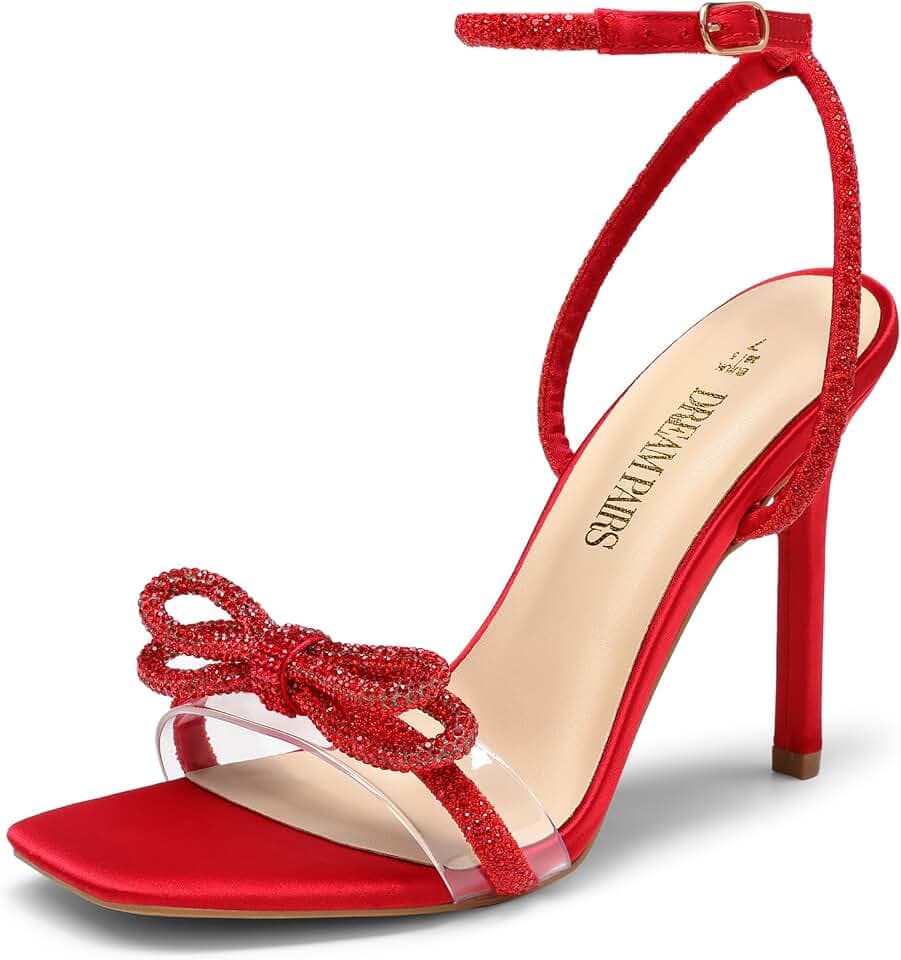Dream Pairs Women's Double Bowknots Heels, Stiletto Heels with Rhinestone Bow Slingback High Heeled Sandals Square Toe Shoes