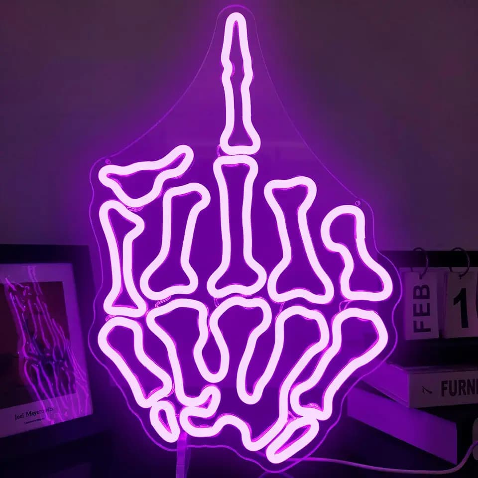 Skull Gesture Neon Signs for Wall Finger Neon Light Up Signs Dimmable LED Signs for Bedroom Man Cave Bar Pub Home Party Neon Wall Signs Decor Skull Christmas Gift Purple