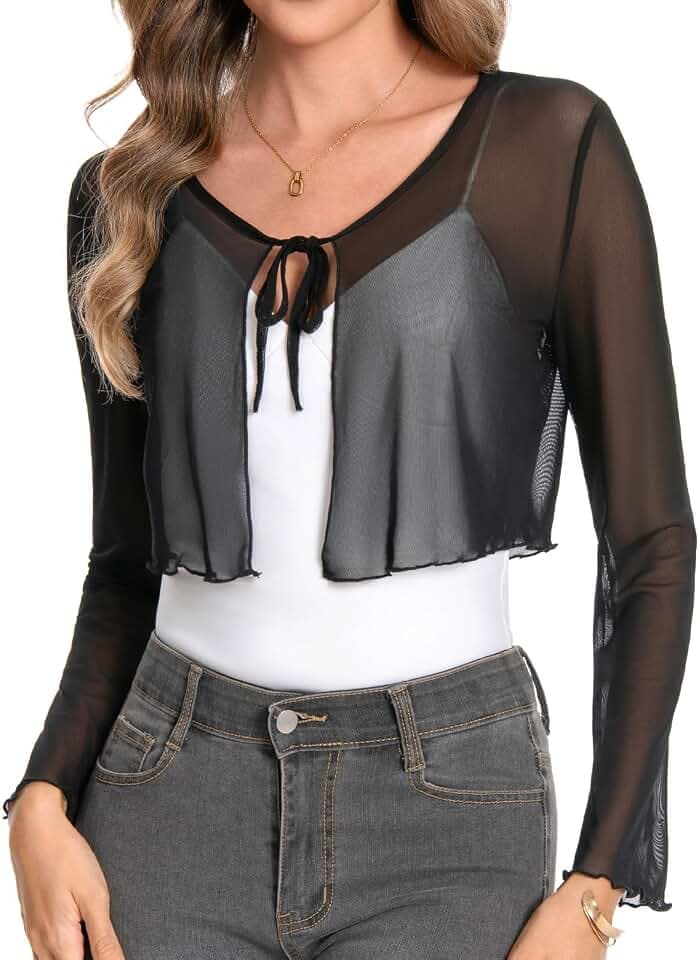 Bolero Damen Cardigan Strickjacke Langarm Sheer Shrug Tie Front Jäckchen