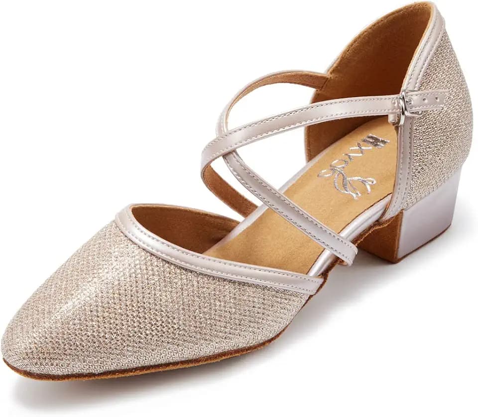 Closed Toe Low Heel Glitter Ballroom Dance Shoes for Women Salsa Latin Wedding Party 1 1/2“ Heel S11-1