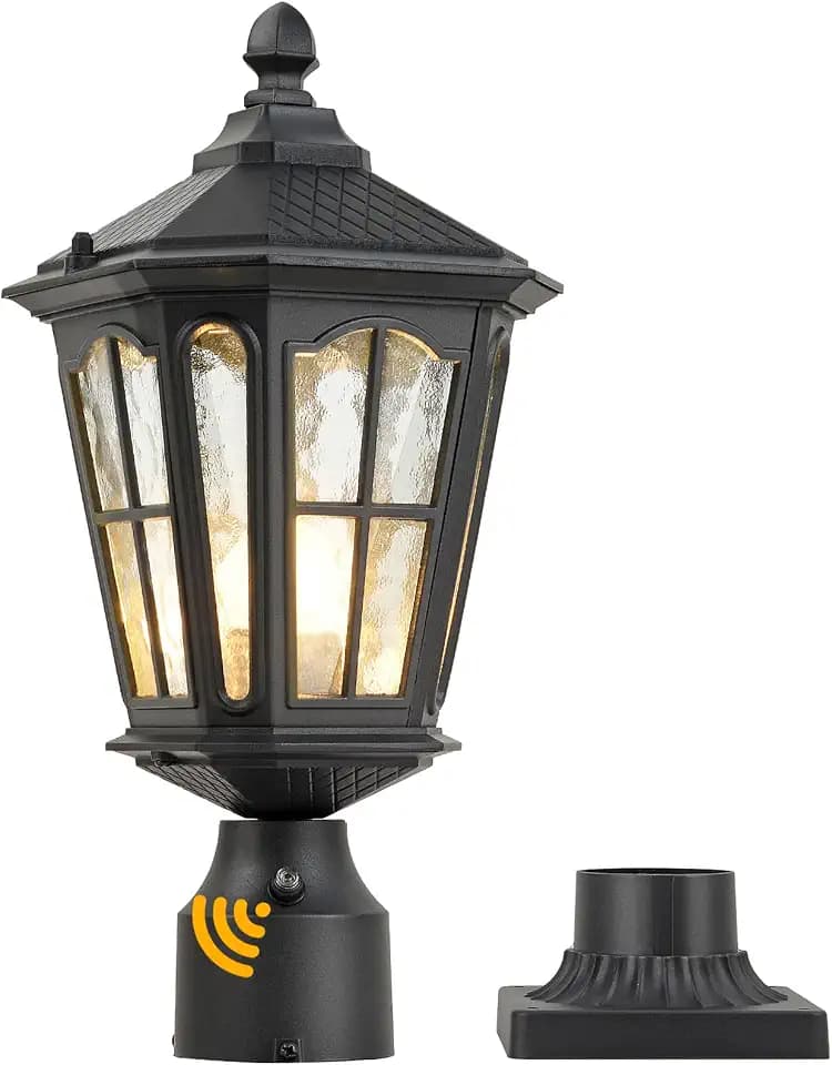 Post Light Outdoor with 3-Inch Pier Mount Base, 17''H Exterior Post Light Fixture,Waterproof IP65 Classic Die Cast Aluminum with Water Ripple Glass, E26 Base 60W Max,Matte Black