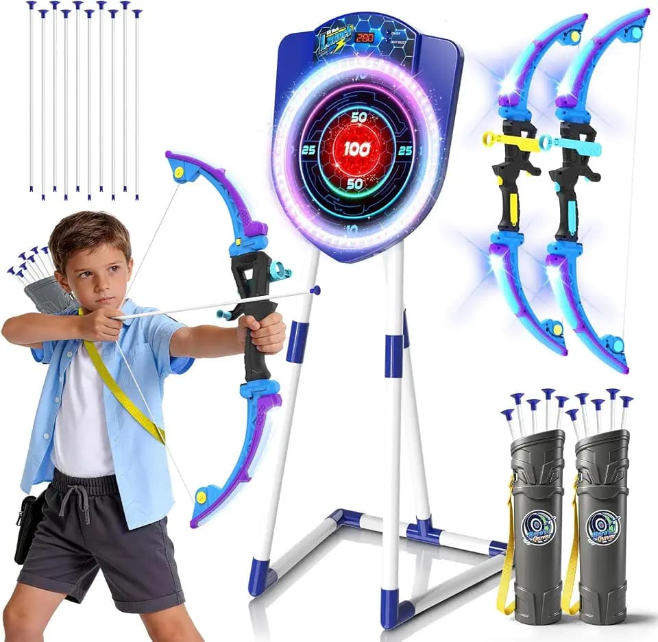 VATOS 2 Pack LED Bow and Arrow for Kids with Auto Scoring, Light Up Archery Set with 10 Suction Cup Arrows, 2 Quivers, LED Archery Target, Indoor Outdoor Backyard Toy Gift