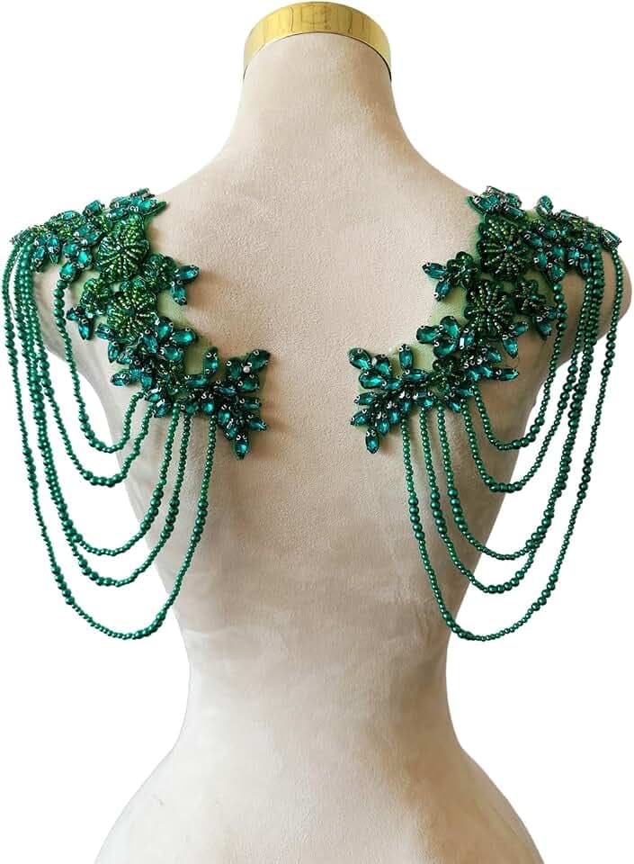 1 Pair Beaded Rhinestones Applique Embellishment for Clothes Epaulettes Shoulder Patches Sew-on Sequin Tassels Applique for Wedding Dress DIY Accessories 9.8X10.2inches (Deepgreen)