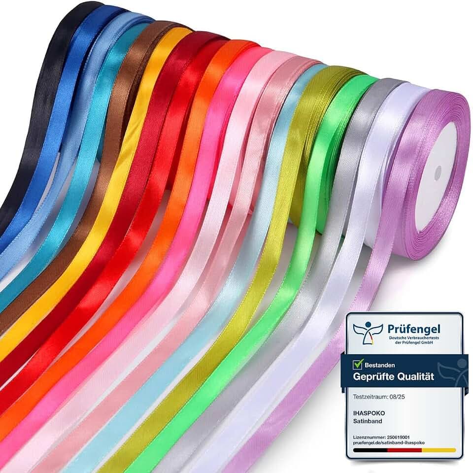 Bunte Satinbänder, 18 Farben, 10mm x 22m, Geschenkband zum Basteln
