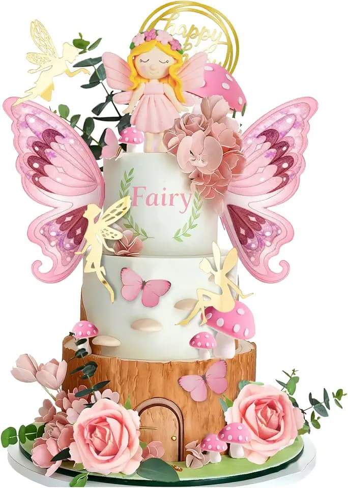Fairy Cake Toppers Pink Flowers Butterfly with Clay Fairy Cake Decorations