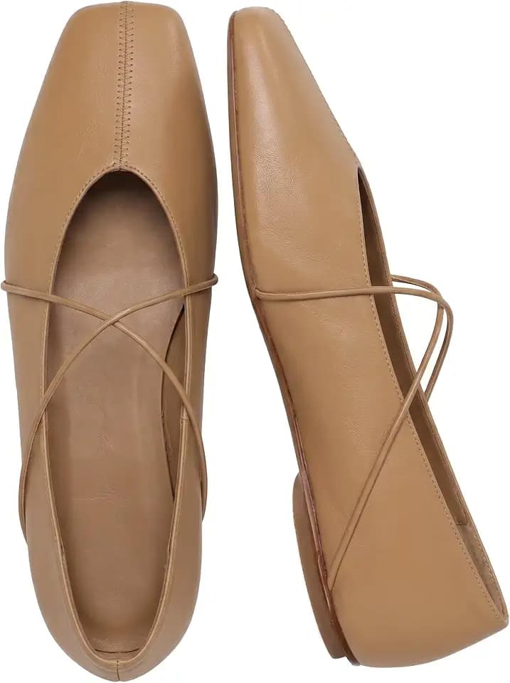 Women's Square Toe Ballet Flats Criss-Cross Straps Comfortable Slip On Mary Jane Flat Shoes for Office Work Casual(TAN,6.5)