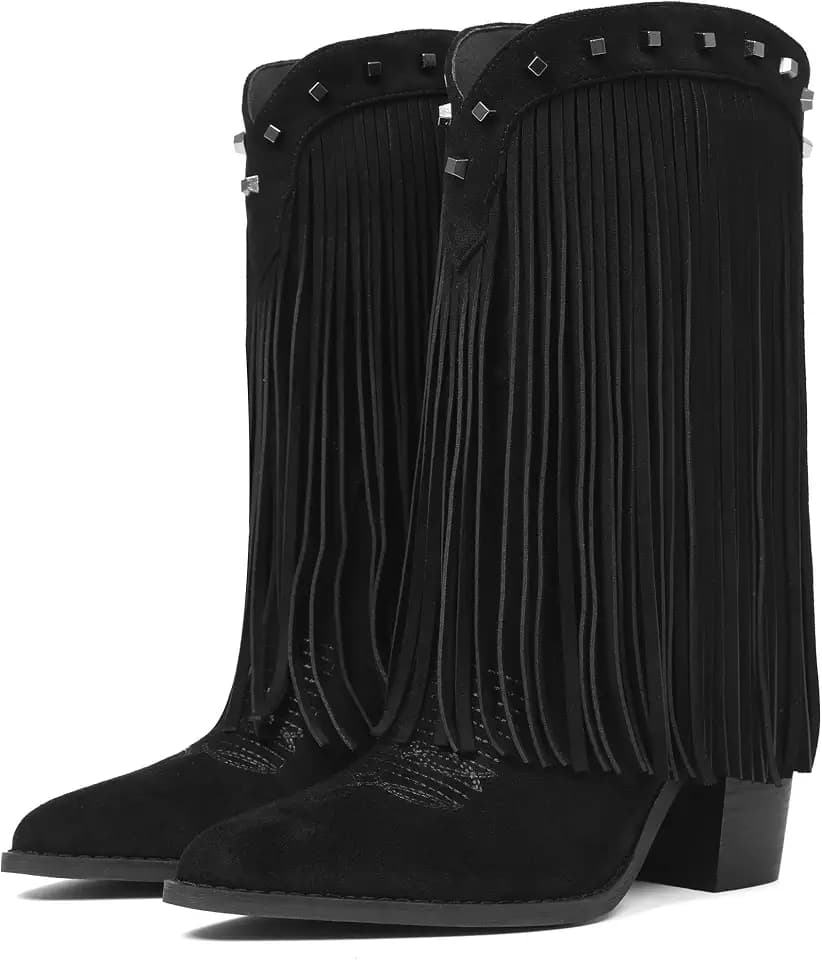CYNLLIO Women's Black Fringe Cowboy Boots Cowgirl Western Botas Size 7
