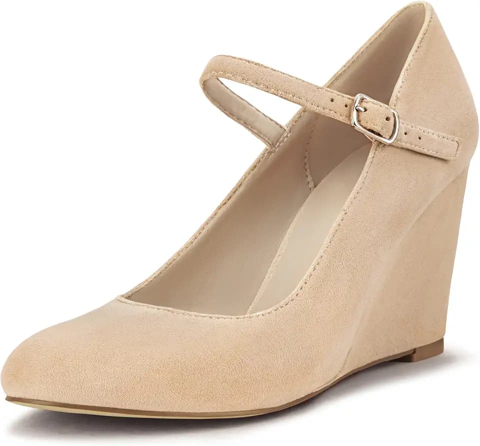Womens Wedge Pumps with Ankle Strap for Dressy Ladies Mary Jane Shoes Closed Toe Wedges Heels for Women