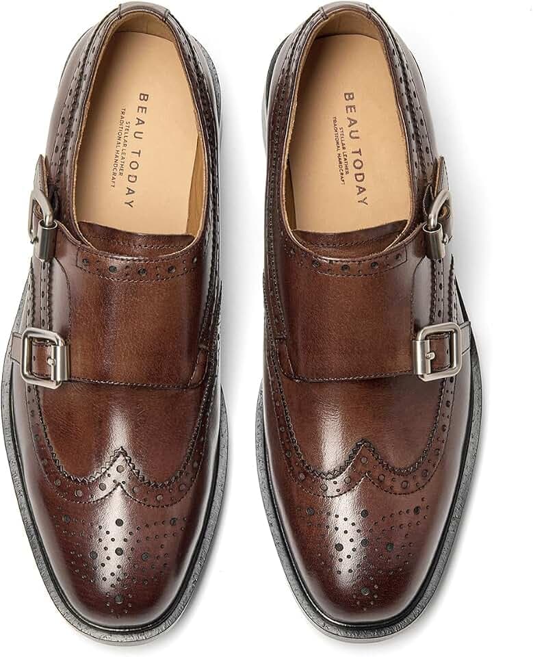 BEAU TODAY Monk Strap Loafers Women Lightweight Leather Wingtips Dress Shoe