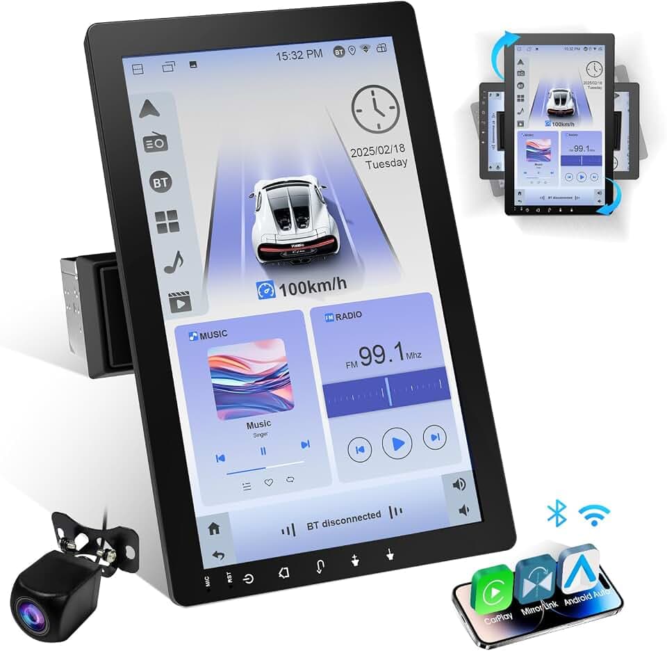 Haudio 1 Din Autoradio, 10.1 Zoll Drehbar Bildschirm, Auto Stereo mit Wireless Apple CarPlay & Android Auto, Car Play Touch Screen mit 1080P Rückfahrkamera,Mirror Link, Sprachsteuerung,RDS/FM/AM Radio