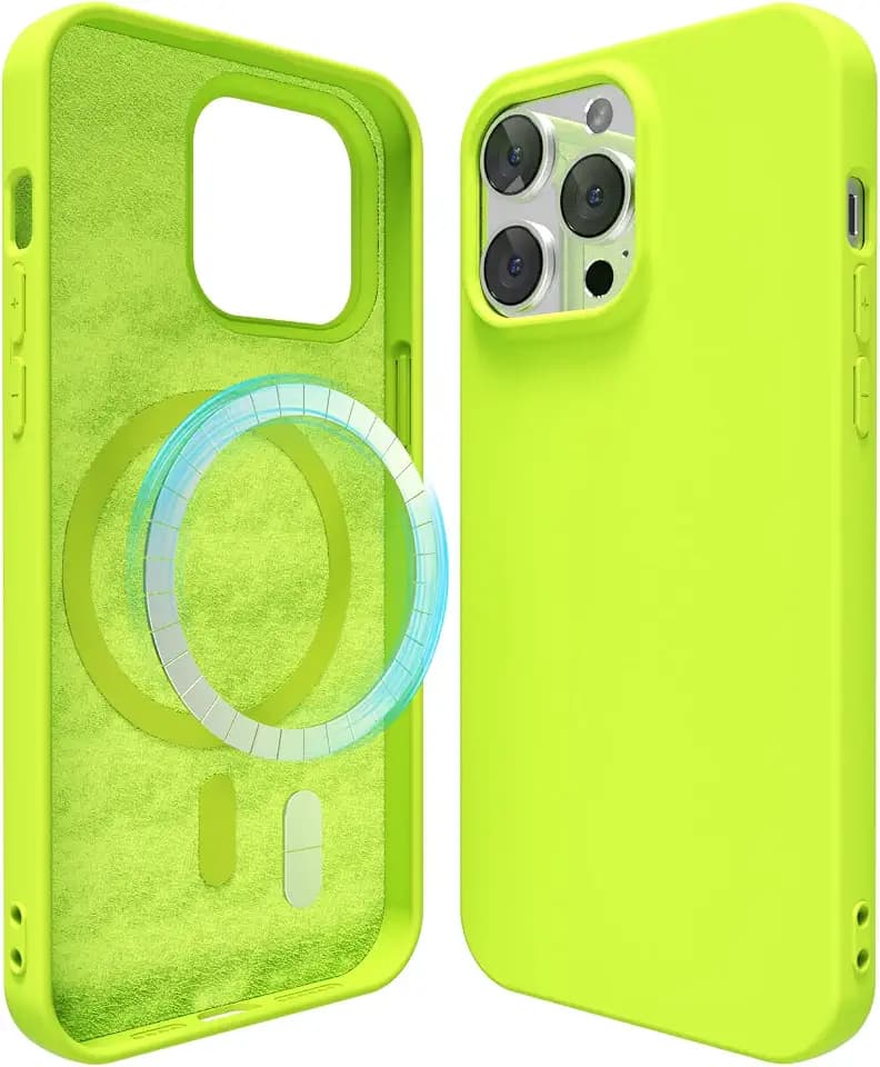 oakxco Silicone Case for iPhone 12 Pro Max Case Magnetic, Compatible with Magsafe Wireless Charging, Slim Thin Soft Rubber, Girly Cute Bright Hard Mag Safe Cover, Fluorescent Neon Green Lime