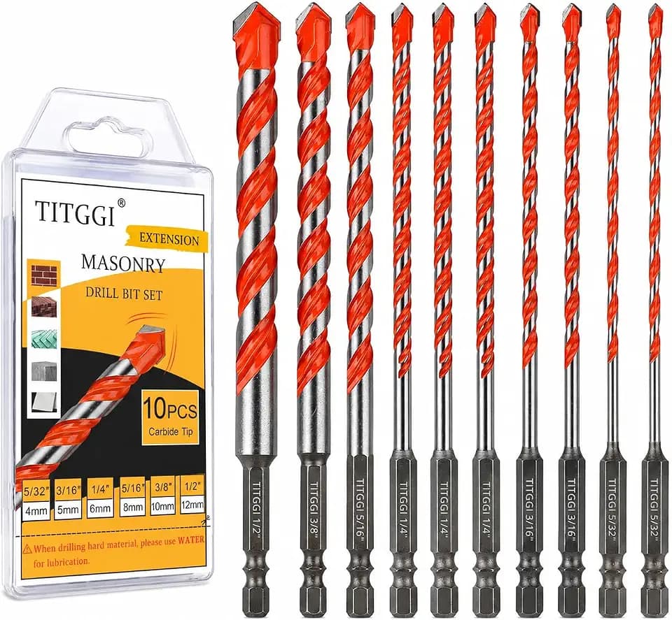 10Pcs Extended Masonry & Concrete Drill Bit Set, Wide-Tip, 5/32"-1/2"