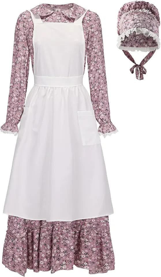Prairie Dress Women-Pioneer Costume Women Floral 1800s Colonial Dress with Pioneer Bonnet Apron