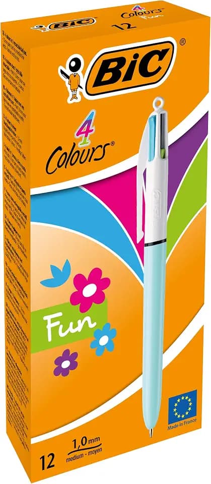 BIC 4 Farben Kugelschreiber Set 4 Colours Fun, Schaft in pastellblau, 12er Pack, Ideal für das Büro, das Home Office oder die Schule