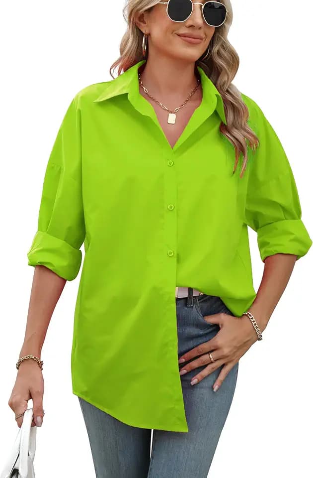 Atnlewhi Womens Oversized Button Down Shirts Casual Work Long Sleeve Boyfriend Blouse Dressy Summer Tops