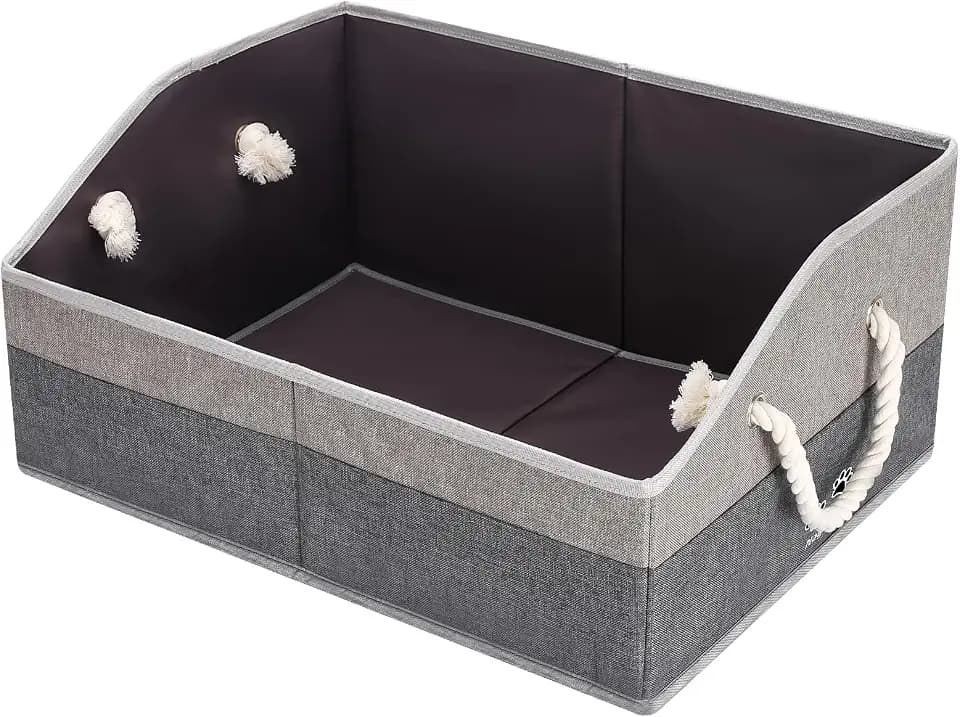 Large Dog Toy Basket with Handle, Foldable Dog Toy Box for Living Room Area , 20" Basket for Dog's Supplies, Organizer and Storage with Hard Board, Anti-Slip for Pet Toys (Gray, Medium 20"×15")