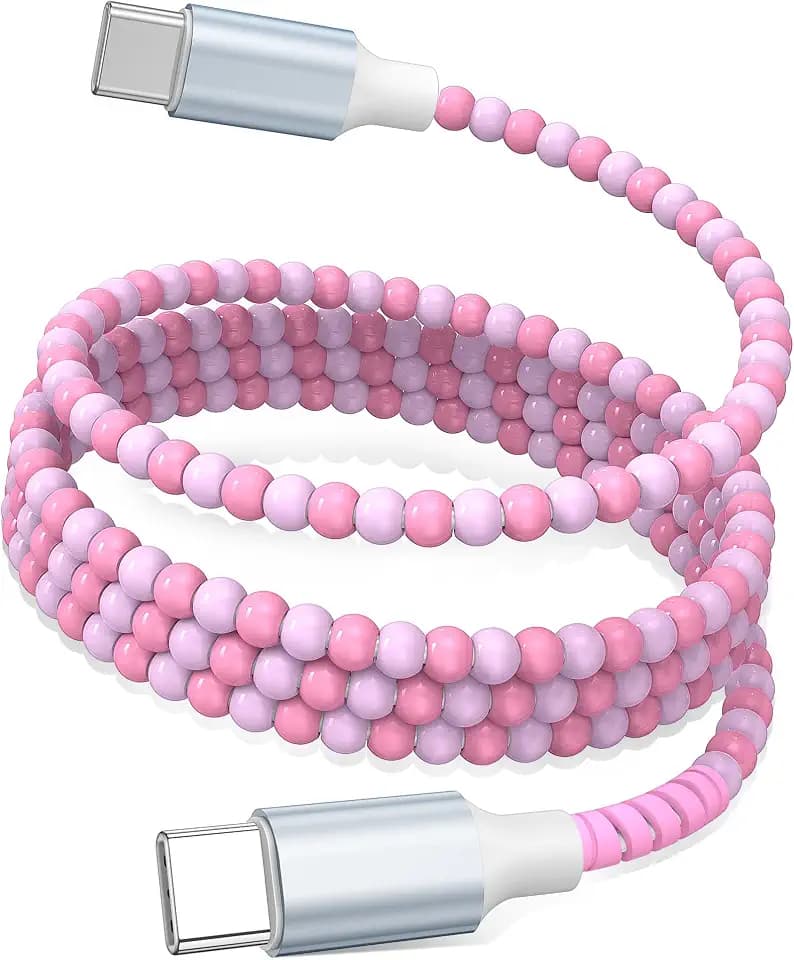USB C to USB C Cable 6FT,Beaded Charger Cord 60W Fast Charging,Pink