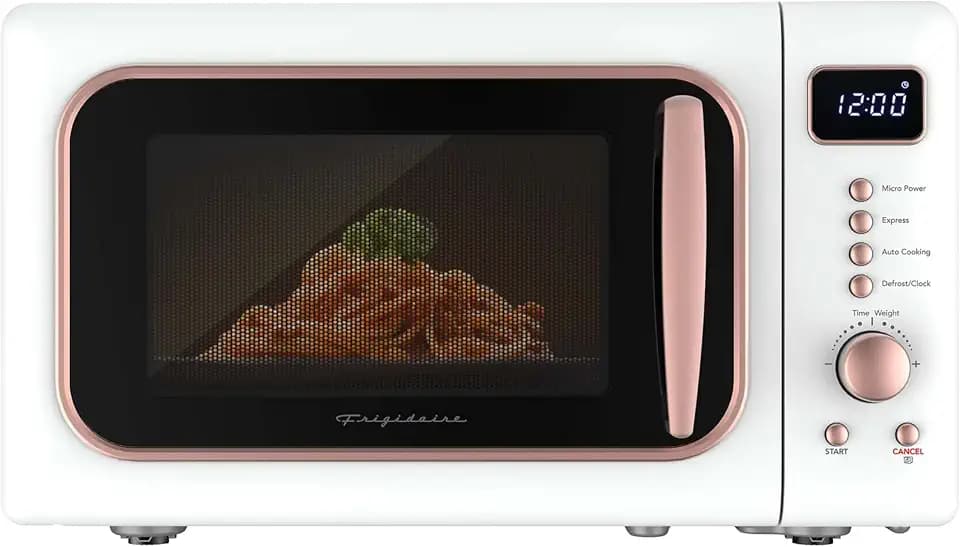 Frigidaire, 0.7 Cu. Ft. Retro Countertop Microwave Oven, 700W Compact Microwave with 8 Auto Cook Menus, Auto Defrost, 5 Power Levels, LED Display, Glass Turntable, White-RoseGold