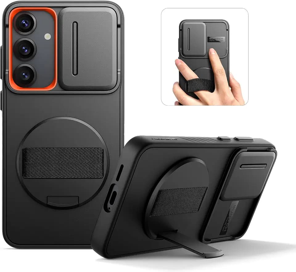 SURITCH for Samsung Galaxy S25 Case [No Magnet Ring][360° Rotatable Phone Grip][Invisible Kickstand][Slide Camera Cover] -Black
