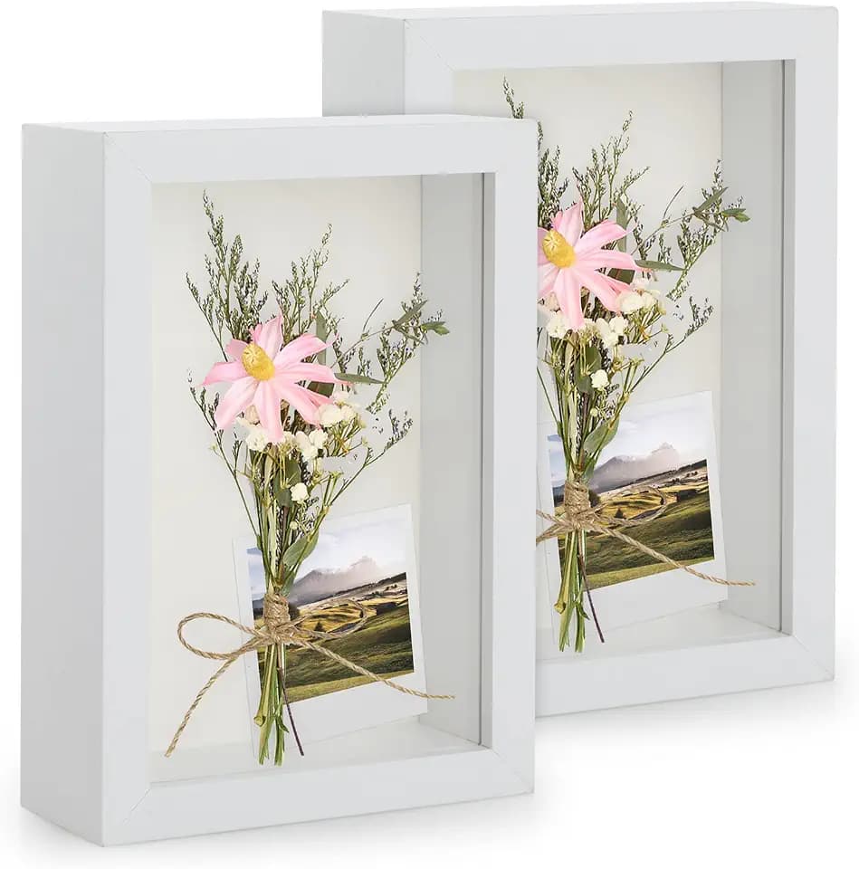 2er 3D Bilderrahmen zum Befüllen, 3D Bilderrahmen Tiefer Objektrahmen 10 x 15 cm mit Transparente Echtglas für Tischplatte und Wand - Weiß/ 3cm