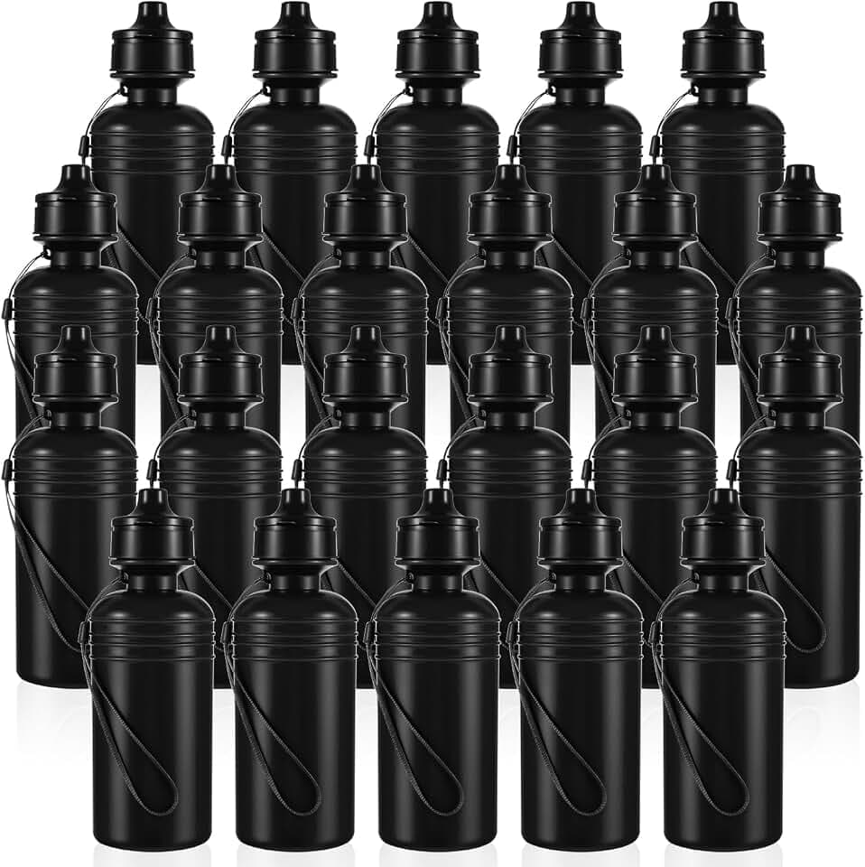 Olgaa Plastic Water Bottles 22 Pack Bulk Sports Cycling Water Bottles 21 oz with Nylon Strap Leak Squeeze Reusable BPA Free Proof Cup for Travel Hiking End of Year Student Gifts Team Gifts (Black)