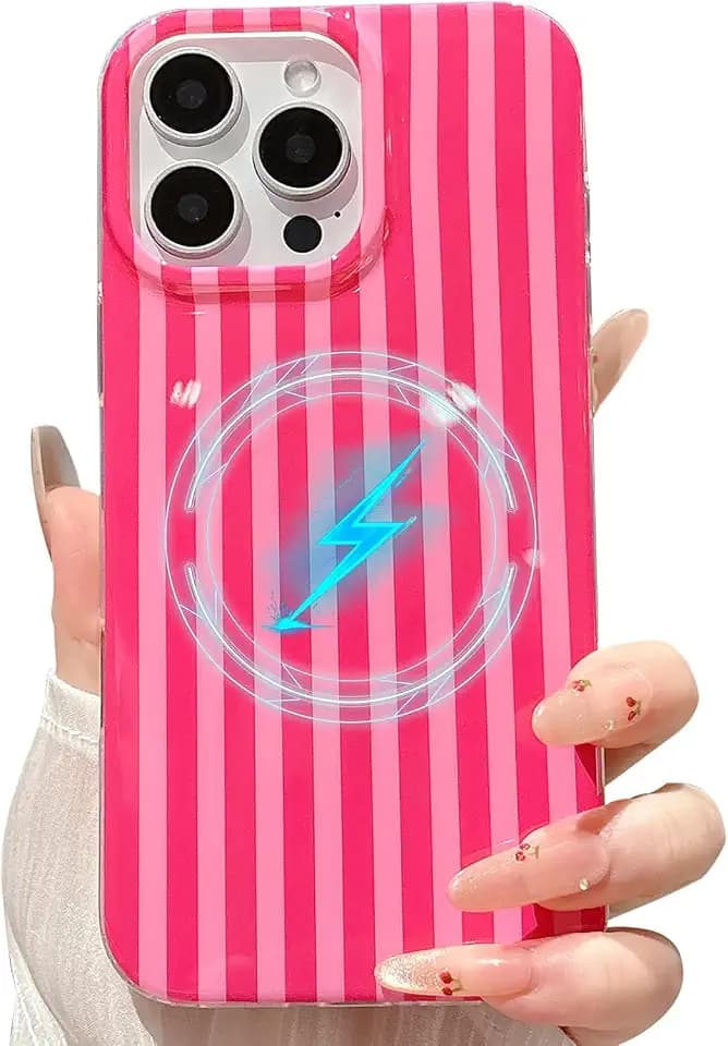 Magnetic for iPhone 15 Pro Case Striped Phone Cases Aesthetic Women Girly Trendy Shockproof Slim Soft TPU Hard PC