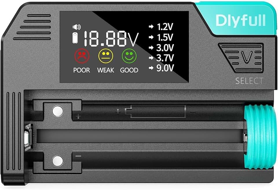 Dlyfull DB1 Batterietester mit LCD, Magnetkontakt für AA AAA C D 9V | Prüft viele Batteriearten von 1,2V bis 3,7V sowie 9V – einfach anlegen, testen und den Zustand klar auf dem LCD ablesen.