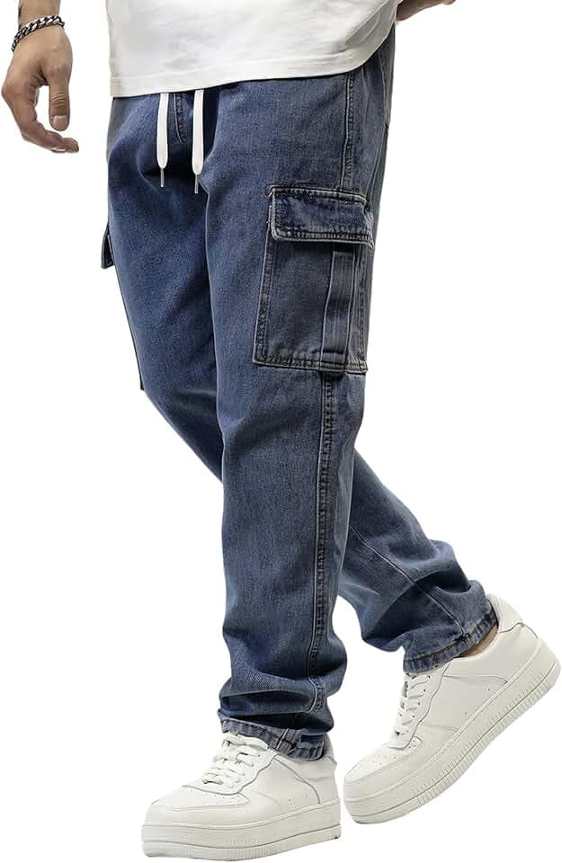 JMIERR Men's Elastic Waist Cargo Jeans Stretch Denim Pants with Drawstring Straight Leg for Casual Daily Wear
