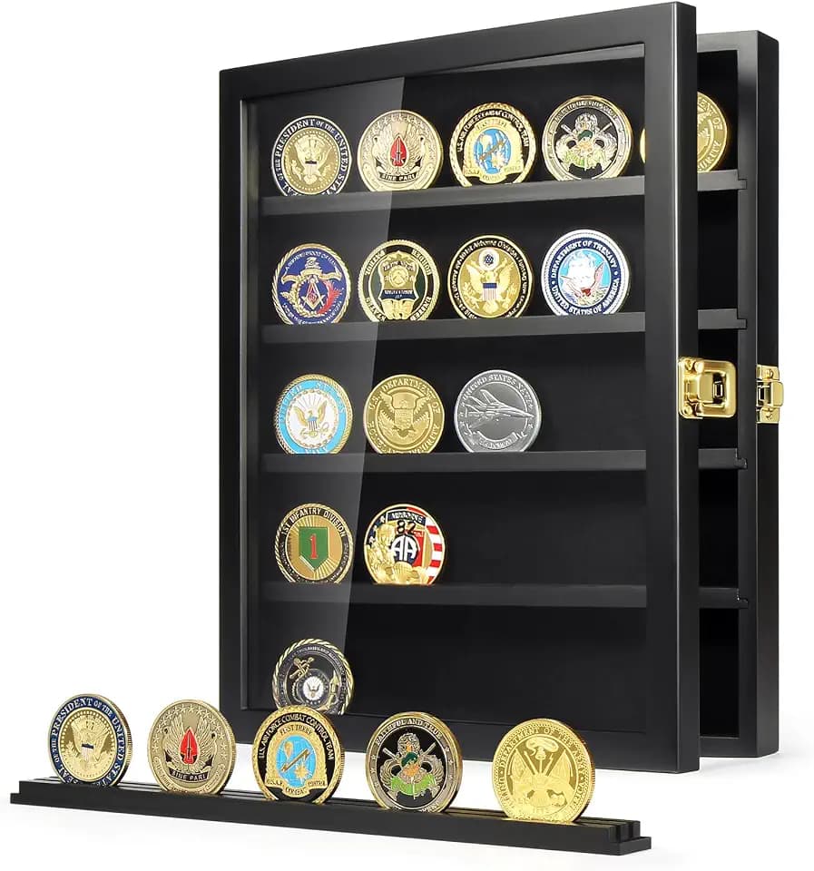 Militärische Herausforderung Münzvitrine, Münzdisplayhalter Wandhalterung mit abnehmbaren Regalen, Schattenbox für Medaillen Pin Badges Buttons