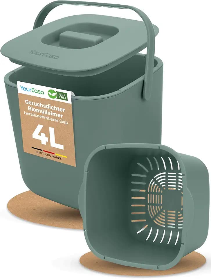 YourCasa Biomülleimer Küche 4L - Komposteimer mit herausnehmbarem Sieb & Deckel - geruchsdicht, spülmaschinenfest & ohne Biomülltüten - Bio Mülleimer klein für saubere Küchen (Mint)