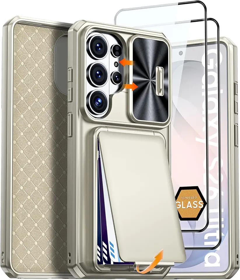for Samsung Galaxy S26 Ultra Case with Screen Protector (2 Pack) Card Holder with RFID Blocking, Slide Lens Cover, Edge Raised, Rugged Heavy Duty Phone Cover Case for S26 Ultra, 2026, Titanium