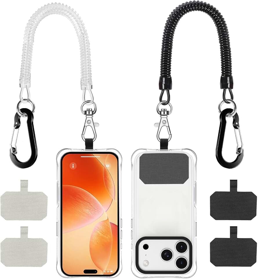 2 Pack Phone Tether, Anti Theft Strap with 2 Carabiners & 2x Patches, Plastic Phone Lanyard Anti-Drop Outdoor Accessory for Skiing, Hiking, Cycling, Fishing & Climbing Fit Most CellPhones