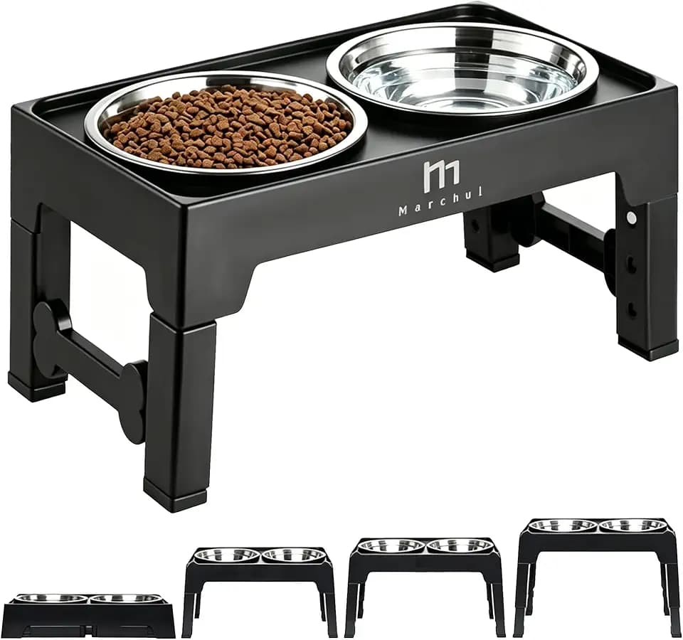 Marchul Erhöhter Hundenapf, Höhenverstellbarer Hundefutternapf mit 2×1,2L Edelstahl 304 Näpfen, rutschfest Futternapf mit Gestell, 4 Höhenstufen für Kleine, Mittlere und Große Hunde, Schwarz