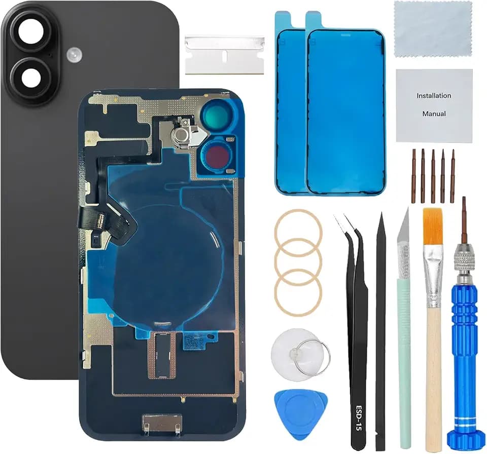 Rear Back Glass Replacement Compatible with iPhone 16 6.1" + Pre-Installed Plate + Charging Coil Flex Cable + Microphone + Flashlight + Camera Frame (Black)