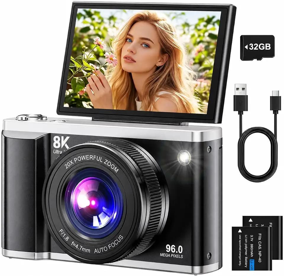 Digitalkamera 8K 96MP mit WLAN, 20X Digitalzoom, Autofokus-Fotokamera mit Anti-Shake, 3,5'' 180° Klappdisplay Kompaktkamera mit 32GB SD-Karte & 2 Akkus für Jugendliche, Erwachsene und Einsteiger