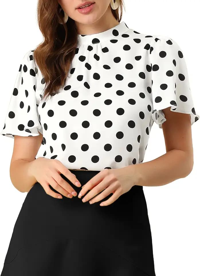 Allegra K Women Polka Dots Stand Collar Pleat Keyhole Back Blouse