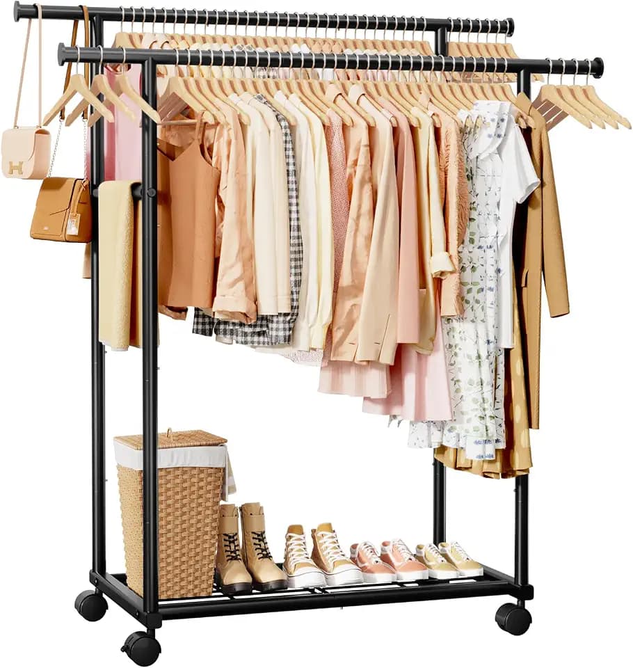 Sakugi Double Rods Clothes Rack - Metal Clothing Rack with Fixed Double Rods, Rolling Wheels & Built-In Shelf for Closet, Bedroom, Laundry Storage (45.6" x 17" x 61", Black)