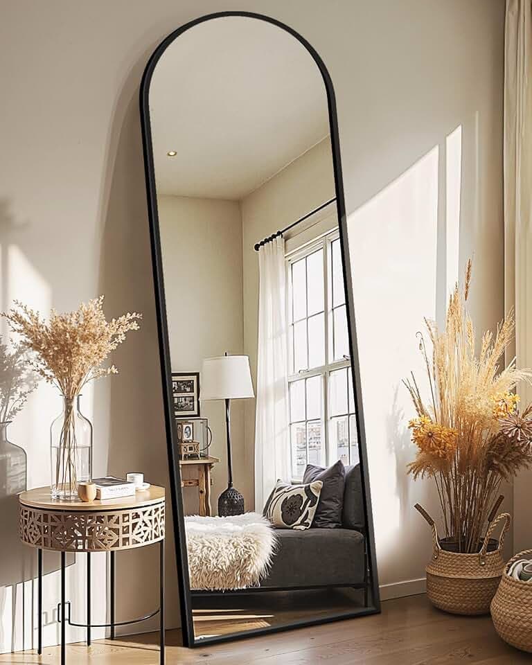 Delma Arched Full Length Mirror with Stand, Black Floor Mirror