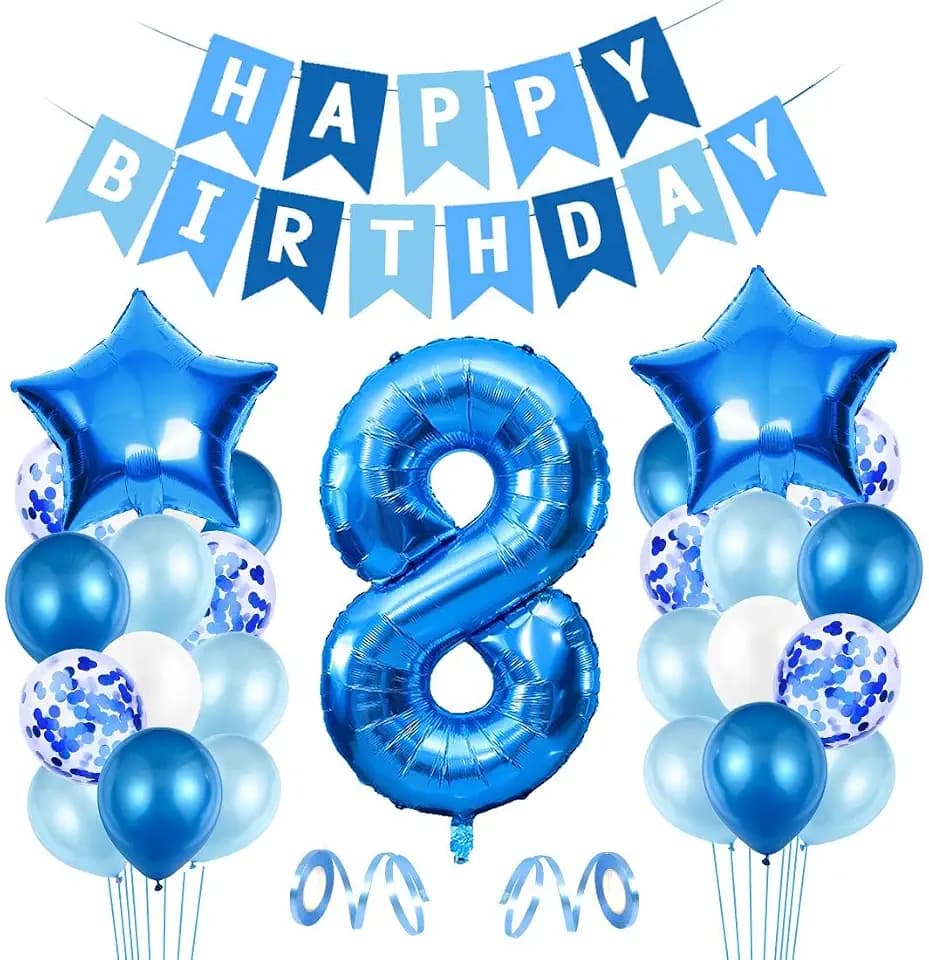 Luftballon 8. Geburtstag Blau, Geburtstagsdeko Jungen 8 Jahr, Ballon 8 Deko zum Geburtstag, Blau Happy Birthday Banner Riesen Folienballon für Kinder Geburtstags