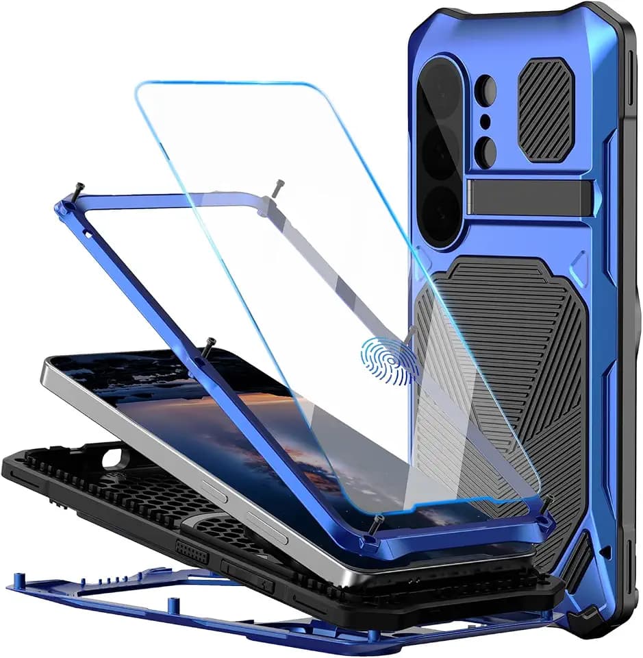 for Samsung Galaxy S26 Ultra Case with Kickstand, [Compatible Fingerprint Recognition] Full-Body Heavy Duty Rugged Case Alloy Metal + Silicone Shockproof Phone Cover for Galaxy S26 Ultra Blue