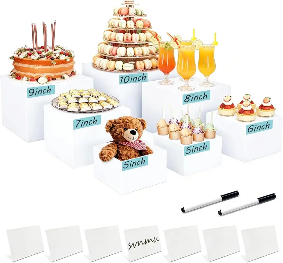 7pcs Acrylic Buffet Risers Set Nestable Cube Display Stands Large Food Display Shelves for Dessert Table Catering Parties Wedding Jewelry Collectibles Figures(Size 10" 9" 8" 7" 6" 5" 5",White)