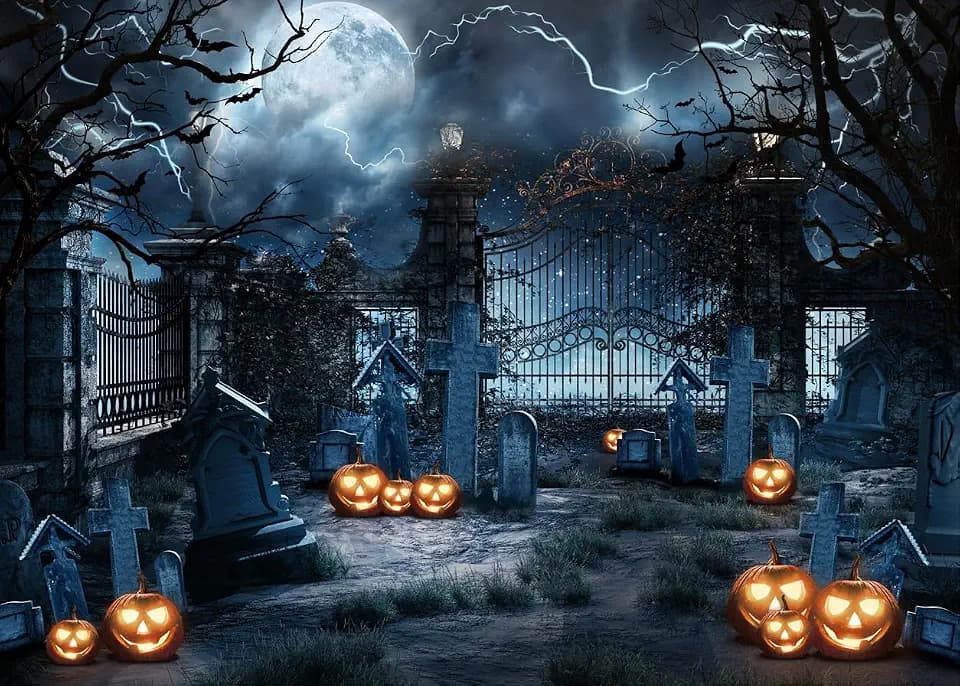 10X8FT Horror Forest Night Photo Backdrop - Scary Castle, Pumpkin Lantern, Tombstone Halloween Decoration Banner