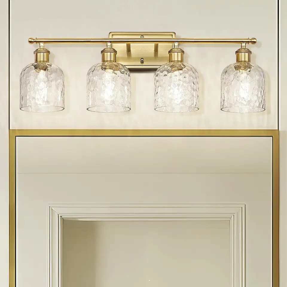 zeyu 27'' Modern Vanity Lights Over Mirror, 4-Light Brushed Gold Wall Light for Mirror Bedroom, Brushed Gold Finish with Clear Hammered Glass, ZJF63B-4W BG
