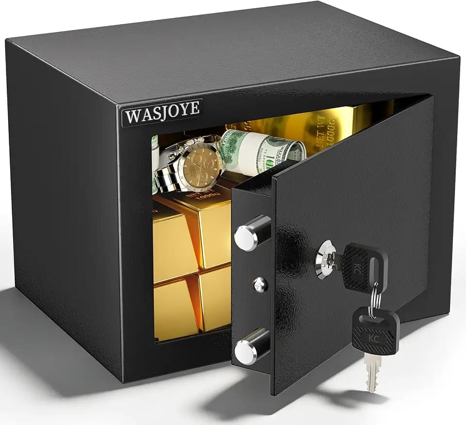 WASJOYE Small Safe with Key for Money, 0.23 Cu Ft Key Lock Box (Black)