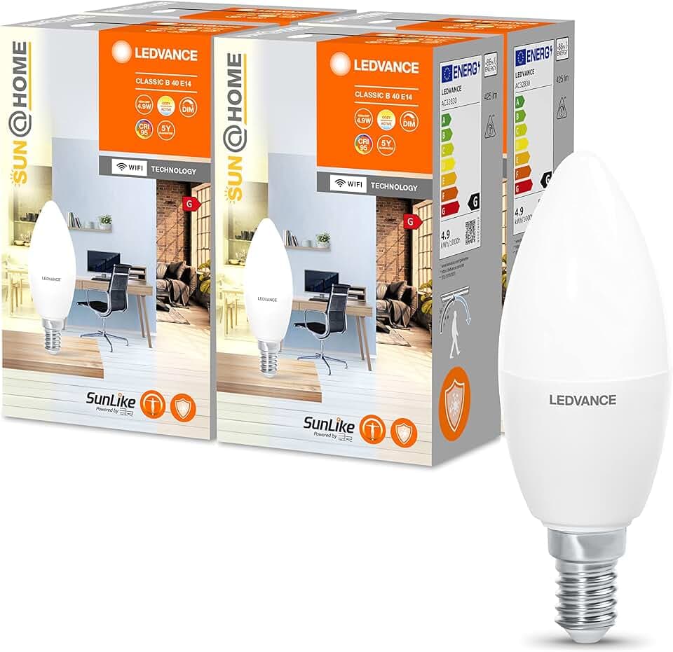 LEDVANCE SUN@HOME LED Lampe E14 4,9W ersetzt 25W, 425Lm, 2200-5000K, CRI95, Smarte WIFI Leuchte per Alexa, google, App steuerbar mit Biorhythmusfunktion, 4er-Pack, Tunable Weiss, 4058075575820