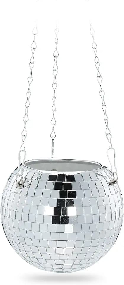 Relaxdays Discokugel Pflanzentopf, hängender Blumentopf, Glas, H x D: 13 x 15 cm, Blumenampel Hängepflanzen, Silber