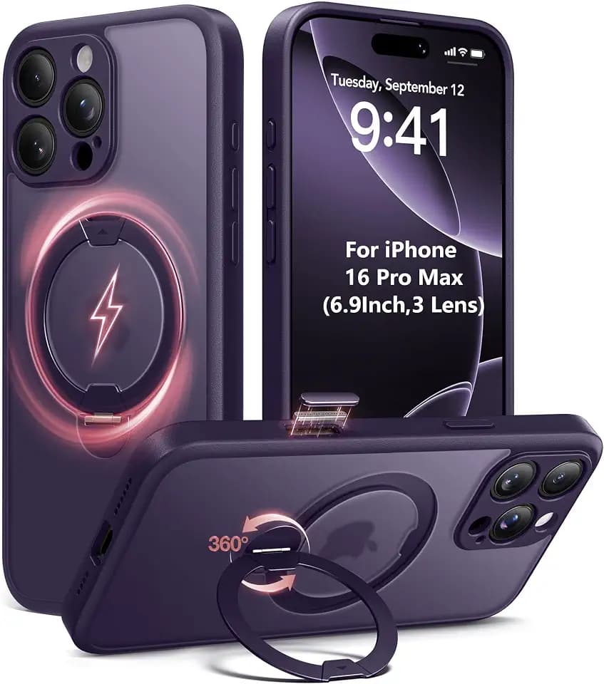 Magnetic Unbreakable Stand for iPhone 16 Pro Max Case, [Anti-Slip] [Military-Grade Protection] [Compatible with MagSafe] Slim Translucent Matte Wireless Charging Phone Cover, Deep Purple